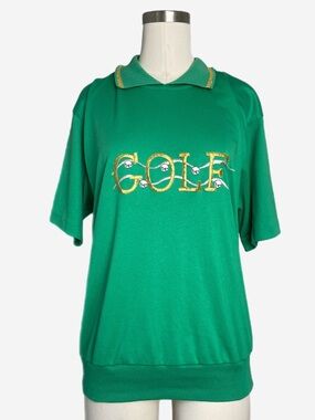 Vintage 90s Bonworth Green jersey GOLF embroidered gold trim polo grannycore M/L